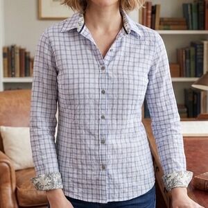Cop.Copine Blue White Plaid Toile Linen Button Down Blouse French Designer Top